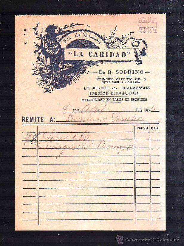 Factures anciennes: FACTURA. FABRICA DE MOSAICOS LA CARIDAD. GUANABACOA, HABANA. 1954