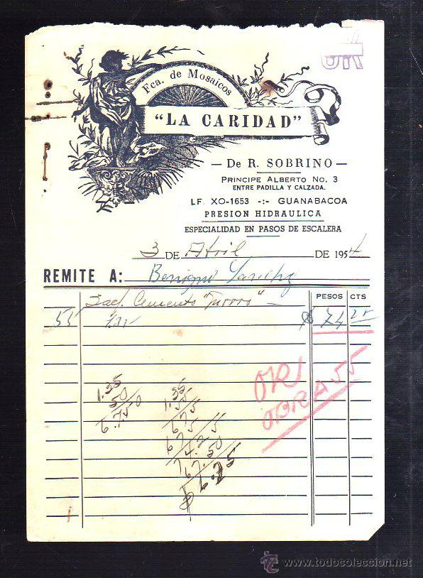 Factures anciennes: FACTURA. FABRICA DE MOSAICOS LA CARIDAD. GUANABACOA, HABANA. 1954