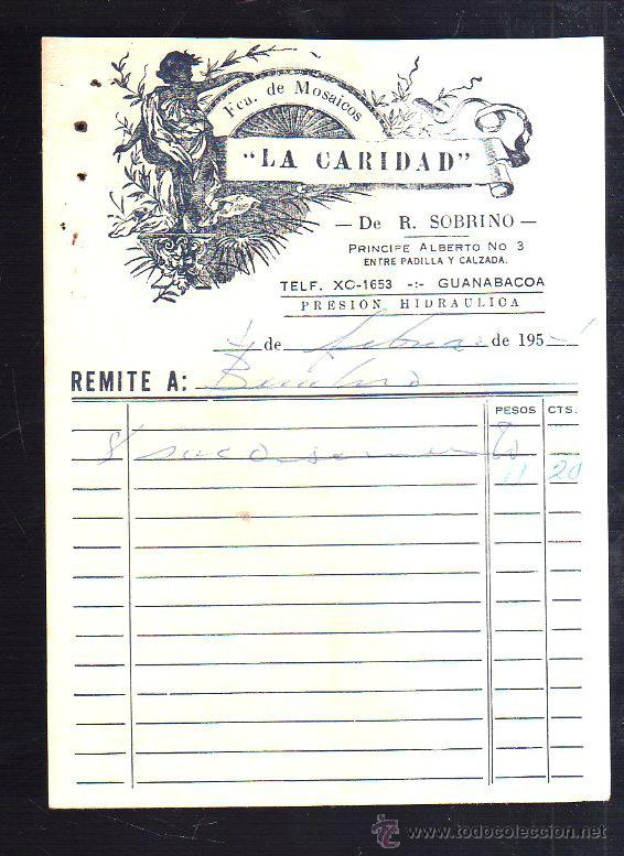 Factures anciennes: FACTURA. FABRICA DE MOSAICOS LA CARIDAD. GUANABACOA, HABANA. 1954