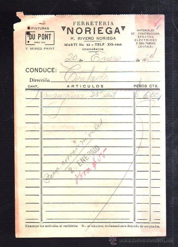 Factures anciennes: FACTURA. FERRETERIA NORIEGA.GUANABACOA, HABANA. 1954