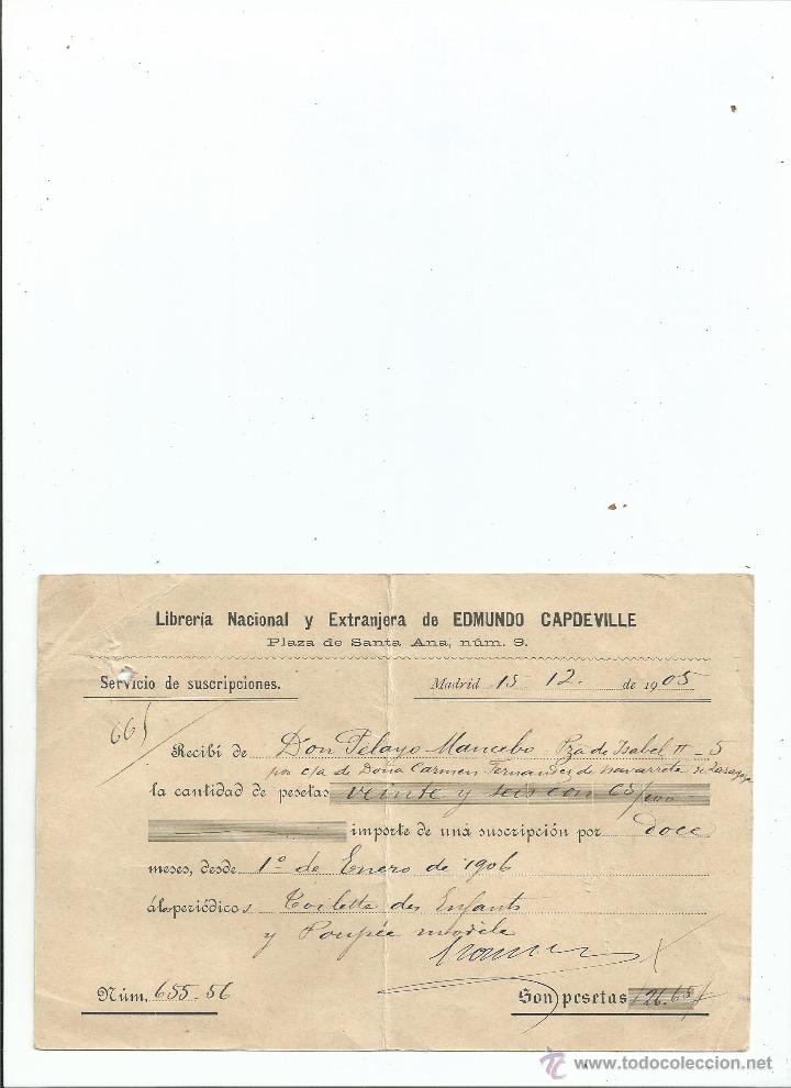 Facturas antiguas: LIBRER&Iacute;A NACIONAL Y EXTRANJERA DE EDMUNDO CAPDEVILLE RECIBO POR SUSCRIPCION. 1905