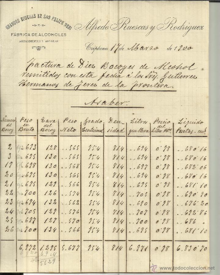 Facturas antiguas: FACTURA DE ALFREDO RUESCAS Y RODR&Iacute;GUEZ. BODEGAS DE SAN FELIPE. CRIPTANA. CIUDAD REAL. 1900