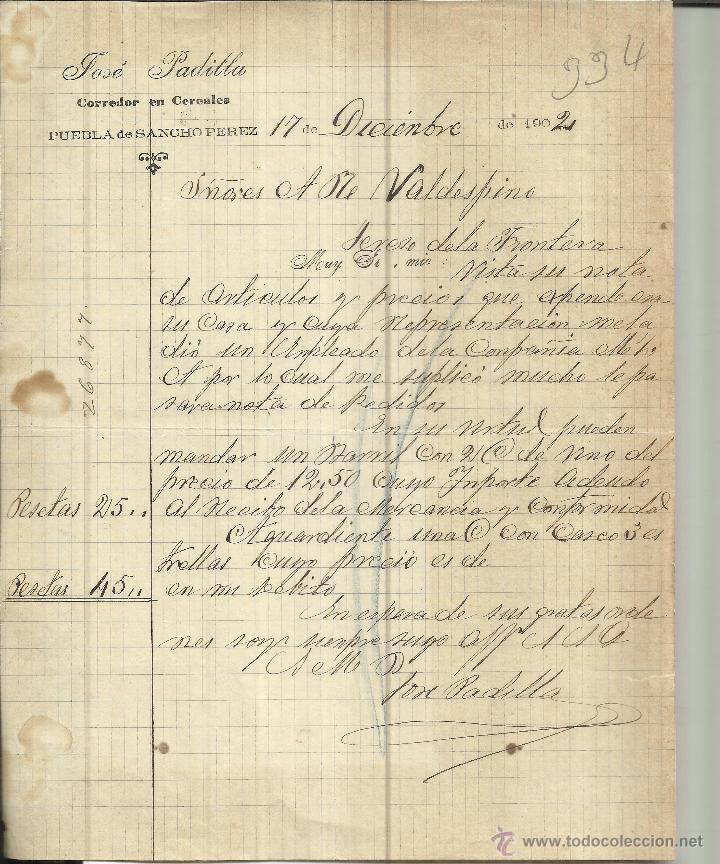 Facturas antiguas: FACTURA DE JOS&Eacute; PADILLA. PUEBLA DE S&Aacute;NCHEZ P&Eacute;REZ. BADAJOZ. 1902