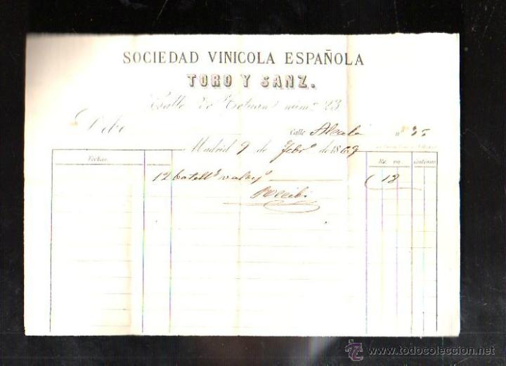 Facturas antiguas: FACTURA. SOCIEDAD VINICOLA ESPA&Ntilde;OLA TORO Y SANZ. MADRID, 1869.
