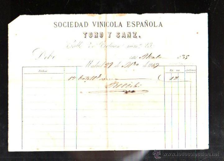 Facturas antiguas: FACTURA. SOCIEDAD VINICOLA ESPA&Ntilde;OLA TORO Y SANZ. MADRID, 1869.