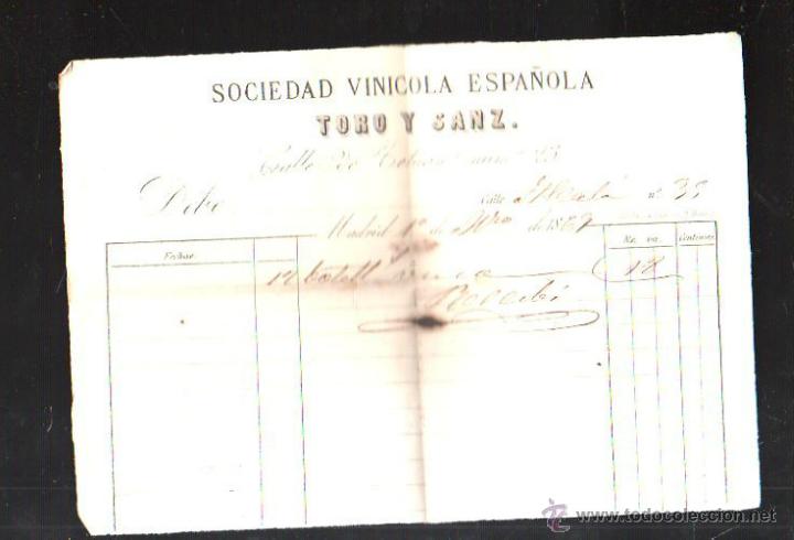 Facturas antiguas: FACTURA. SOCIEDAD VINICOLA ESPA&Ntilde;OLA TORO Y SANZ. MADRID, 1869.