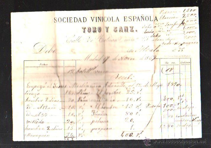 Facturas antiguas: FACTURA. SOCIEDAD VINICOLA ESPA&Ntilde;OLA TORO Y SANZ. MADRID, 1869