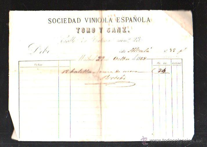 Facturas antiguas: FACTURA. SOCIEDAD VINICOLA ESPA&Ntilde;OLA TORO Y SANZ. MADRID, 1868