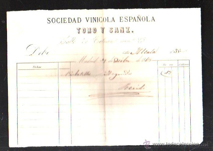 Facturas antiguas: FACTURA. SOCIEDAD VINICOLA ESPA&Ntilde;OLA TORO Y SANZ. MADRID, 1868