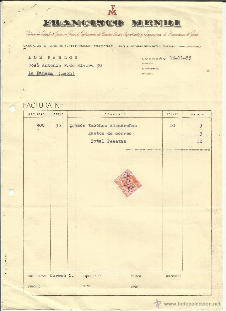 Facturas antiguas: FACTURA DE FRANCISCO MENDI. F&Aacute;BRICA DE CALZADO. LOGRO&Ntilde;O. 1955