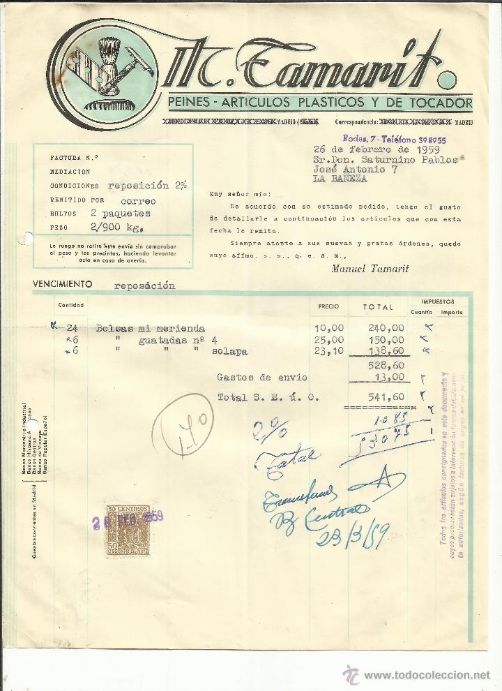 Facturas antiguas: FACTURA DE MANUEL TAMARIT. PEINES, ART&Iacute;CULOS PL&Aacute;STICOS Y DE TOCADOR. MADRID. 1959