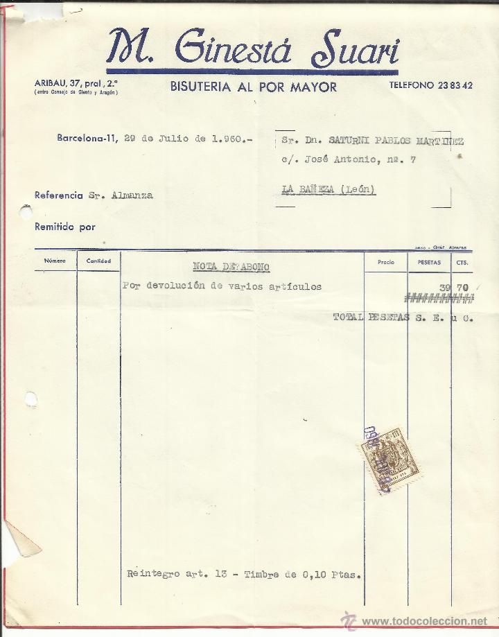 Facturas antiguas: FACTURA DE M. GINEST&Aacute; SUARI. BISUTERIA AL POR MAYOR. BARCELONA. 1960