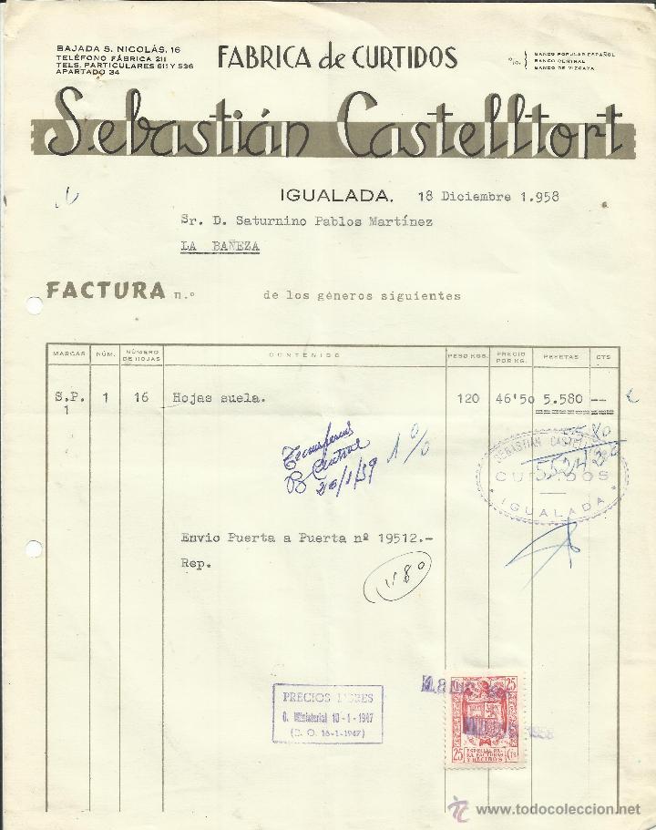 Facturas antiguas: FACTURA DE SEBASTI&Aacute;N CASTELLTORT. F&Aacute;BRICA DE CURTIDOS. IGUALADA. BARCELONA.  1958