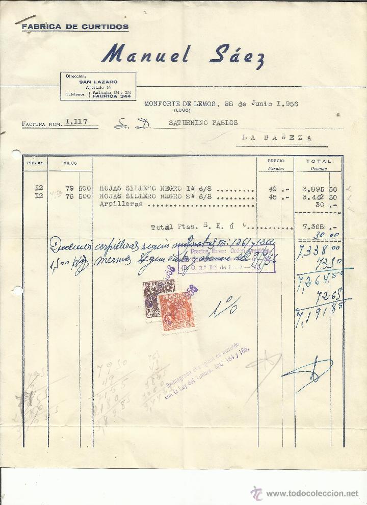 Facturas antiguas: FACTURA DE MANUEL S&Aacute;EZ. F&Aacute;BRICA DE CURTIDOS. MONFORTE DE LEMOS. LUGO. 1956