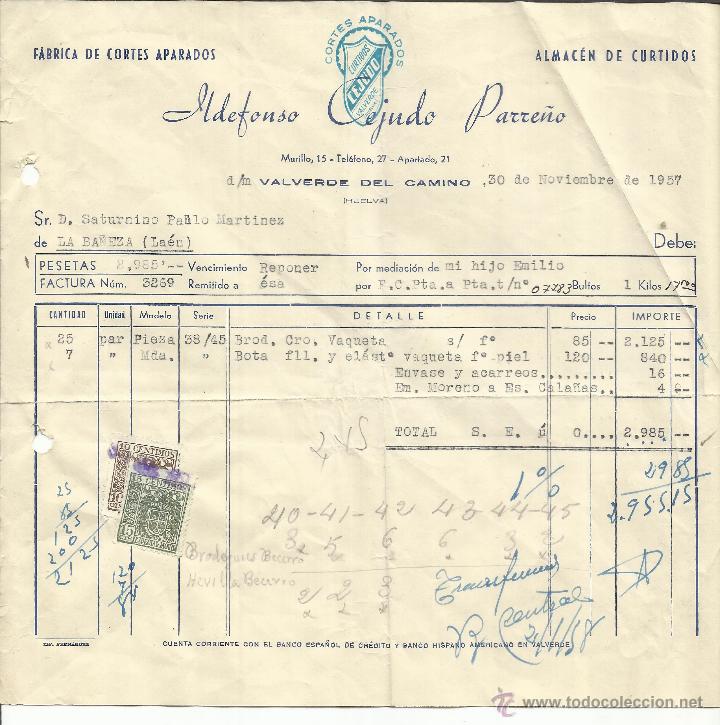 Facturas antiguas: FACTURA DE IDELFONSO CEJUDO PARRE&Ntilde;O. VALVERDE DEL CAMINO. HUELVA. 1957