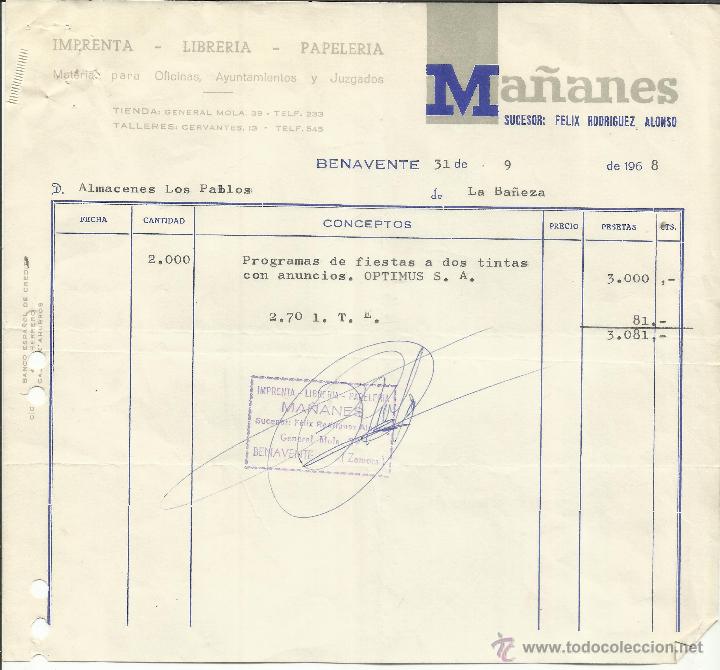 Facturas antiguas: FACTURA DE MA&Ntilde;ANES, SUCESOR: F&Eacute;LIX RODR&Iacute;GUEZ ALONSO. IMPRENTA. BENAVENTE. ZAMORA. 1968