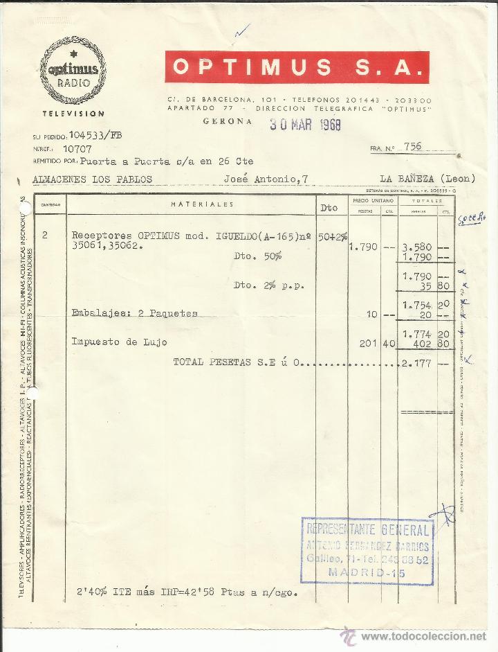 Facturas antiguas: FACTURA DE OPTIMUS S.A. TELEVISI&Oacute;N. GERONA. 1968