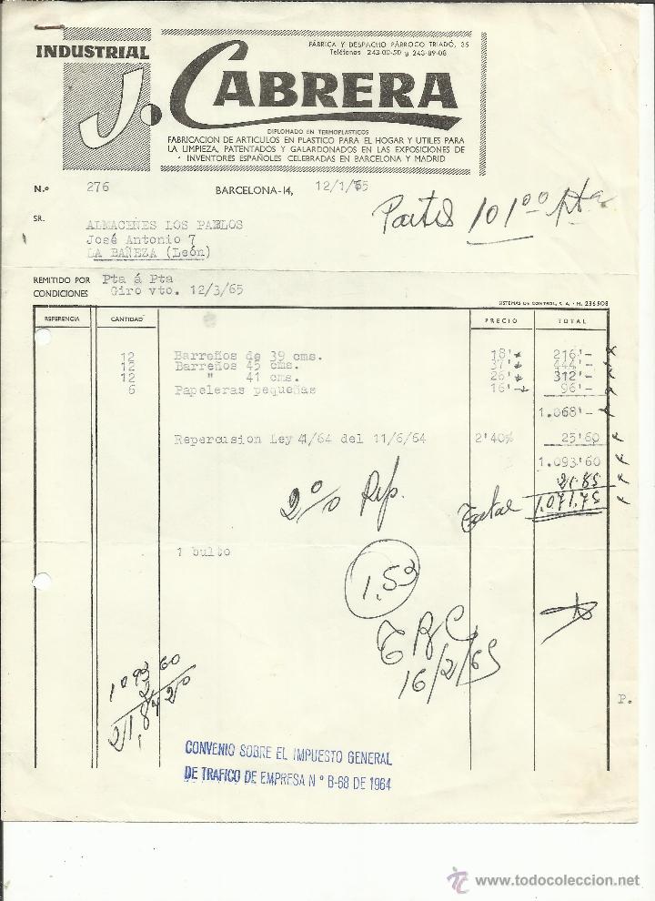 Facturas antiguas: FACTURA DE J. CABRERA INDUSTRIAL. BARCELONA. 1965