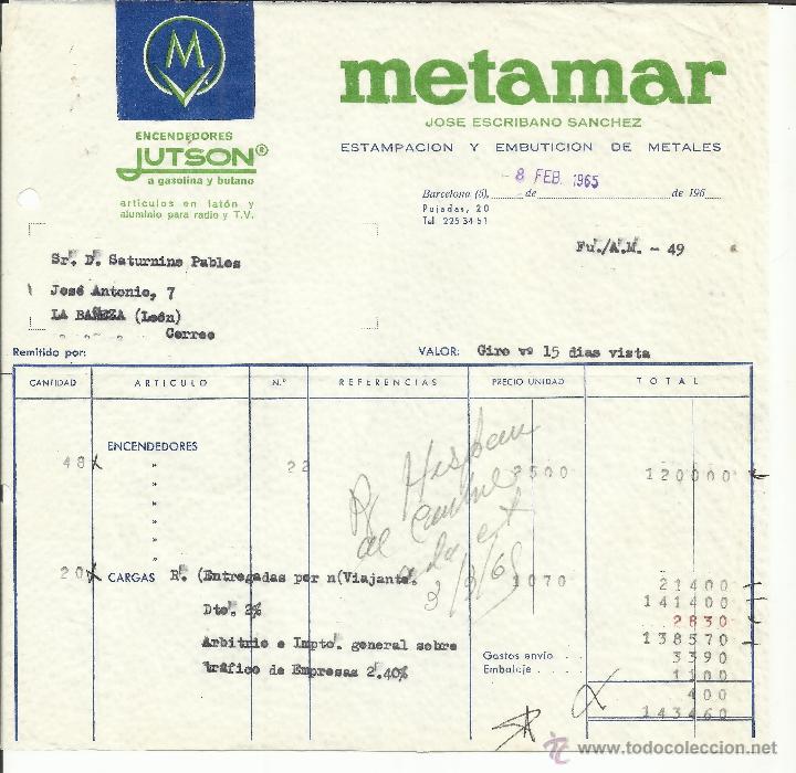 Facturas antiguas: FACTURA DE JOS&Eacute; ESCRIBANO S&Aacute;NCHEZ. ENCENDEDORES JUTSON. BARCELONA. 1965