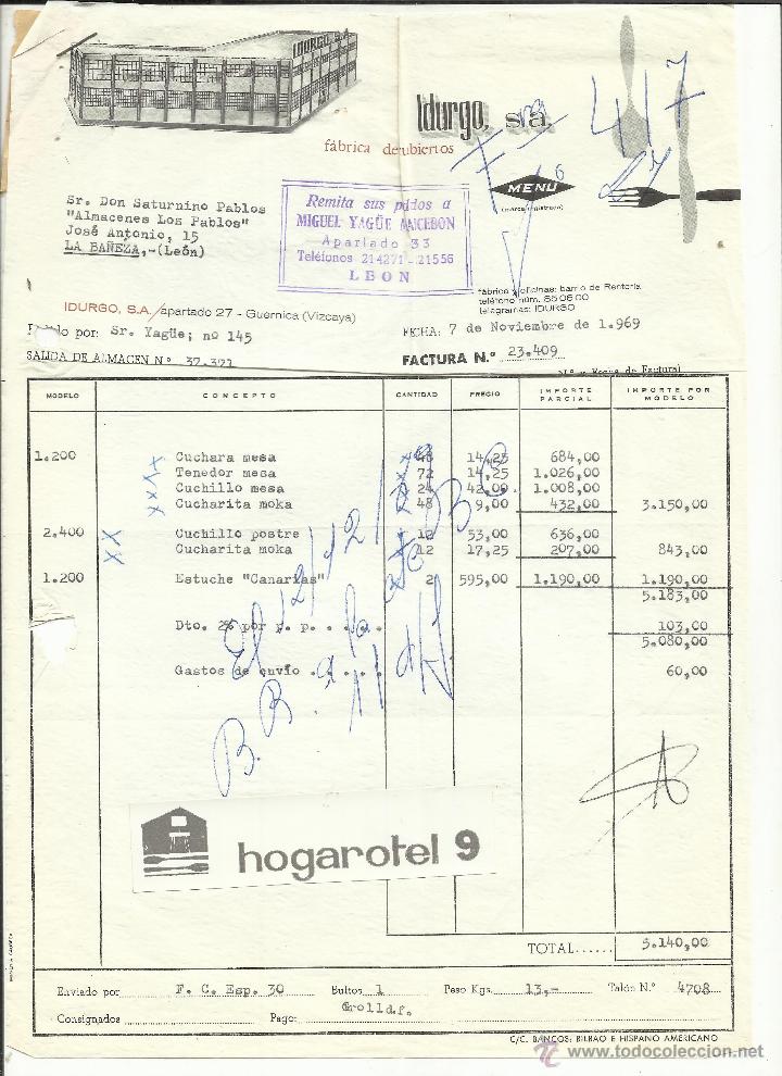 Facturas antiguas: FACTURA DE IDURGO S.A. F&Aacute;BRICA DE CUBIERTOS. MIGUEL YAG&Uuml;E MANCEB&Oacute;N. GUERNICA. VIZCAYA. 1969
