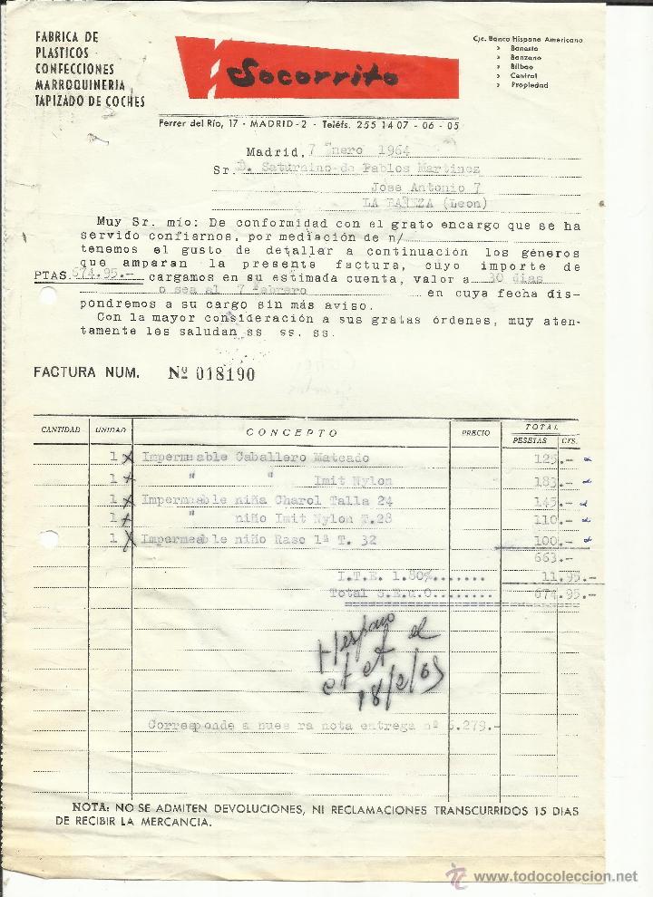 Facturas antiguas: FACTURA DE SOCORRITO. F&Aacute;BRICA DE PL&Aacute;STICOS, CONFECCIONES, MARROQUINERIA. MADRID. 1964