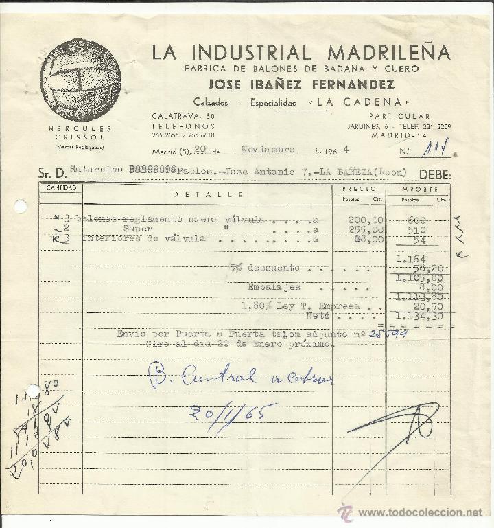 Facturas antiguas: FACTURA DE JOS&Eacute; IB&Aacute;&Ntilde;EZ FERN&Aacute;NDEZ. LA INDUSTRIAL MADRILE&Ntilde;A. MADRID. 1964