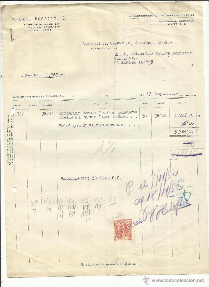 Facturas antiguas: FACTURA DE ANDR&Eacute;S BECERRO, S.L. F&Aacute;BRICA DE CALZADOS. VALVERDE DEL CAMINO. HUELVA. 1952