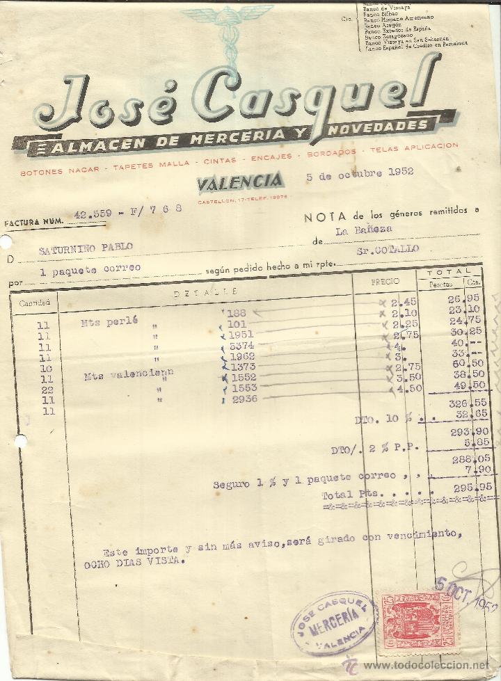 Facturas antiguas: FACTURA DE JOS&Eacute; CASQUEL. ALMAC&Eacute;N DE MERCER&Iacute;A Y NOVEDADES. VALENCIA. 1952