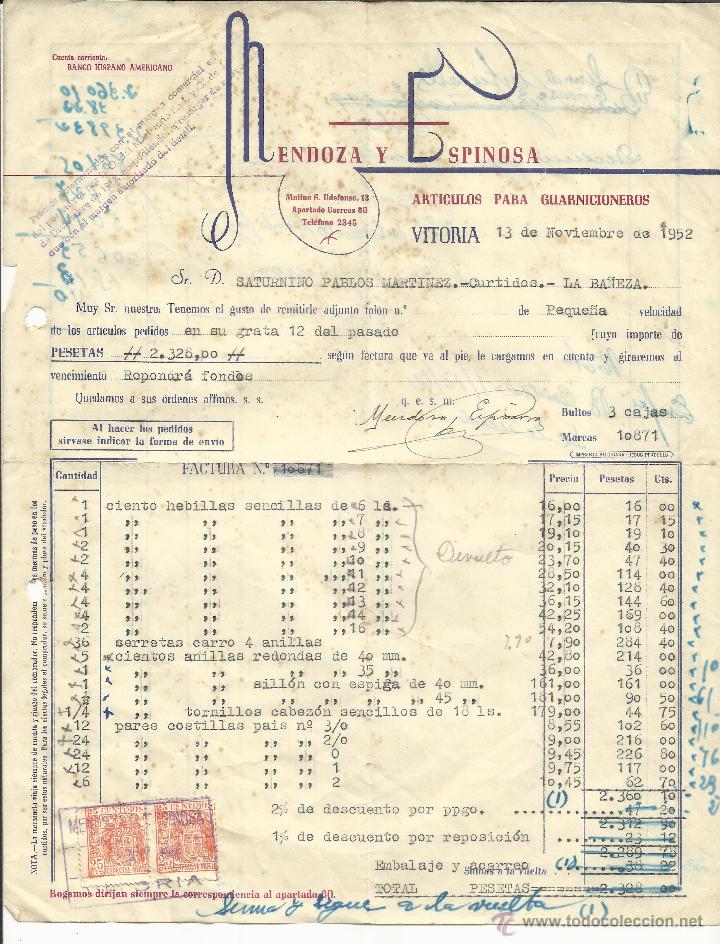 Facturas antiguas: FACTURA DE MENDOZA Y ESPINOSA. ART&Iacute;CULOS PARA GUARNICIONES. VITORIA. 1952