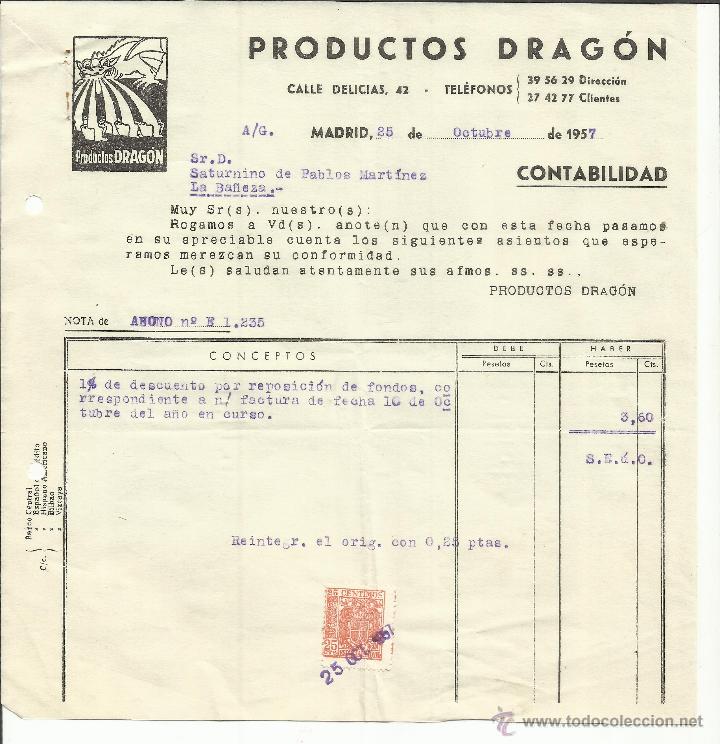 Facturas antiguas: FACTURA DE PRODUCTOS DRAG&Oacute;N. MADRID. 1957
