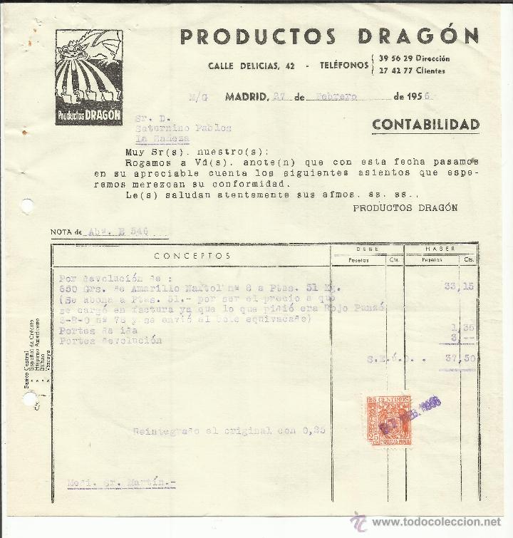 Facturas antiguas: FACTURA DE PRODUCTOS DRAG&Oacute;N. MADRID. 1956
