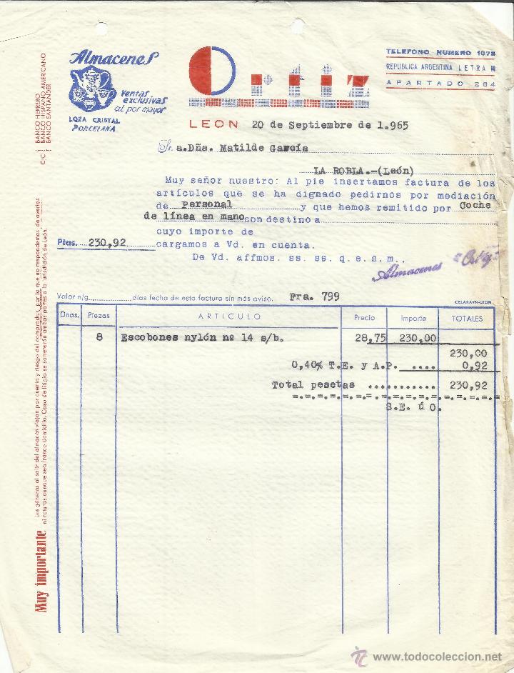 Facturas antiguas: FACTURAS DE ORTIZ. ALMACENES DE LOZA, CRISTAL Y PORCELANA. LEON. 1965