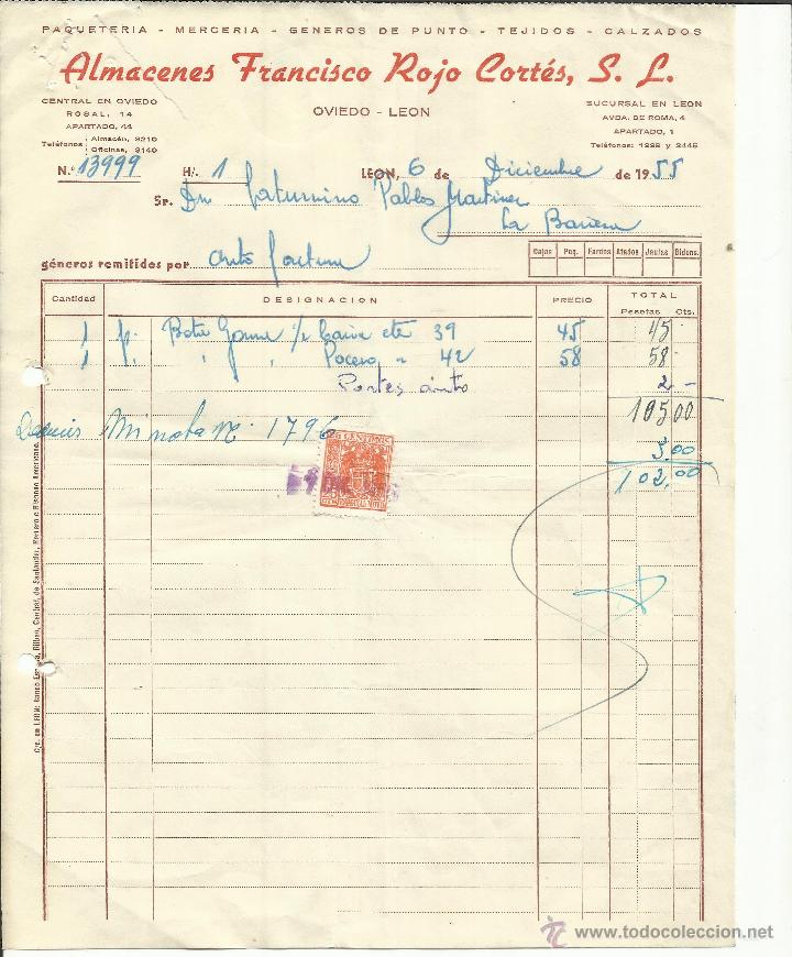 Facturas antiguas: FACTURA DE ALMACENES FRANCISCO ROJO CORT&Eacute;S S.L. MERCER&Iacute;A. GENEROS DE PUNTO. LEON. 1955