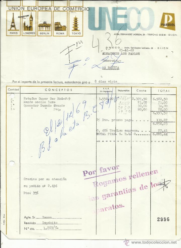 Facturas antiguas: FACTURA DE UNECO. UNI&Oacute;N EUROPEA DE COMERCIO. GIJ&Oacute;N. 1969
