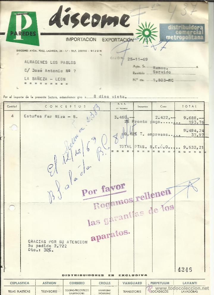 Facturas antiguas: FACTURA DE D&Iacute;SCOME. PAREDES. GIJ&Oacute;N. 1969