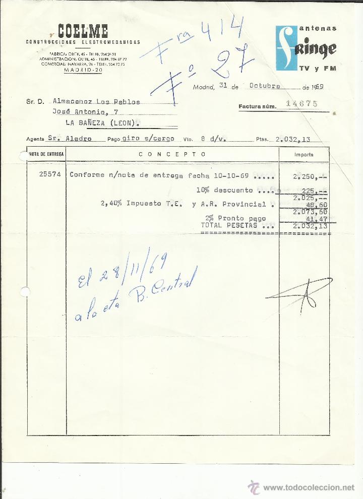 Facturas antiguas: FACTURA DE COELME. ANTENIAS FRINGE. MADRID. 1969