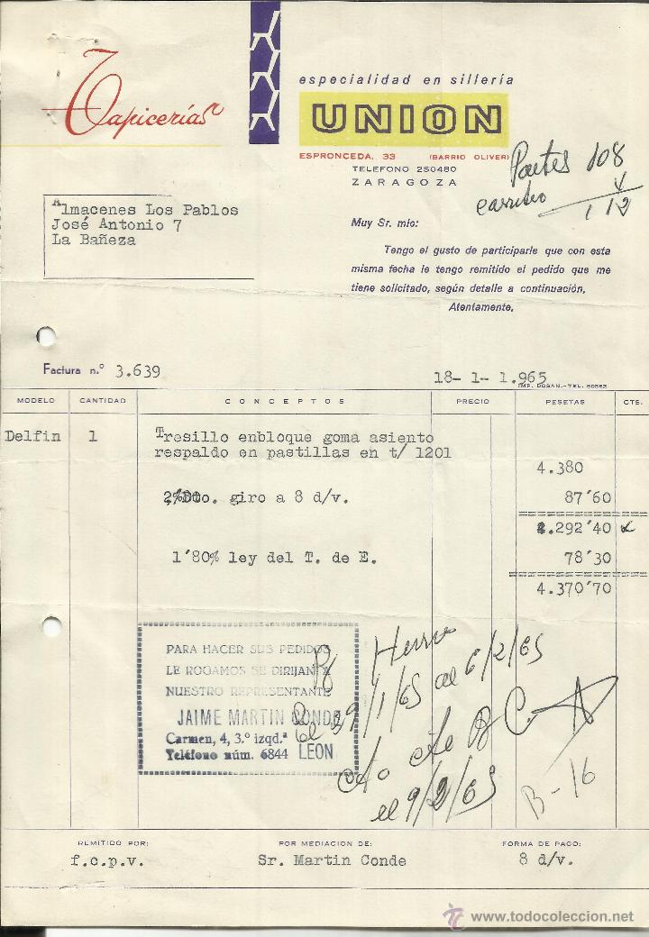 Alte Rechnungen: FACTURA DE UNI&Oacute;N. TAPICER&Iacute;AS. ZARAGOZA. 1965