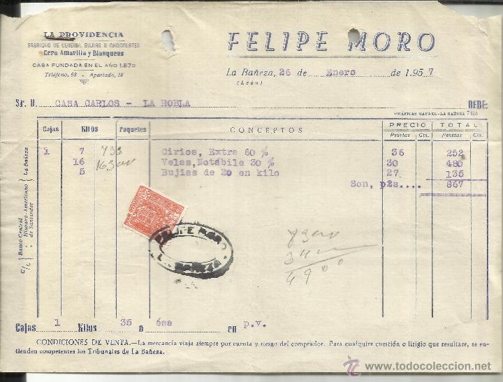 Facturas antiguas: FACTURA DE FELIPE MORO. LA PROVIDENCIA. F&Aacute;BRICAS DE CECER&Iacute;A. LA BA&Ntilde;EZA. L&Eacute;ON. 1957