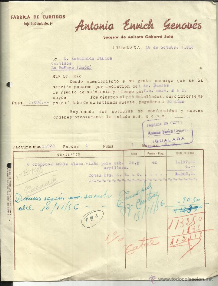 Facturas antiguas: FACTURA DE ANTONIO ENRICH GENOV&Eacute;S. F&Aacute;BRICA DE CURTIDOS. IGUALADA. BARCELONA. 1956