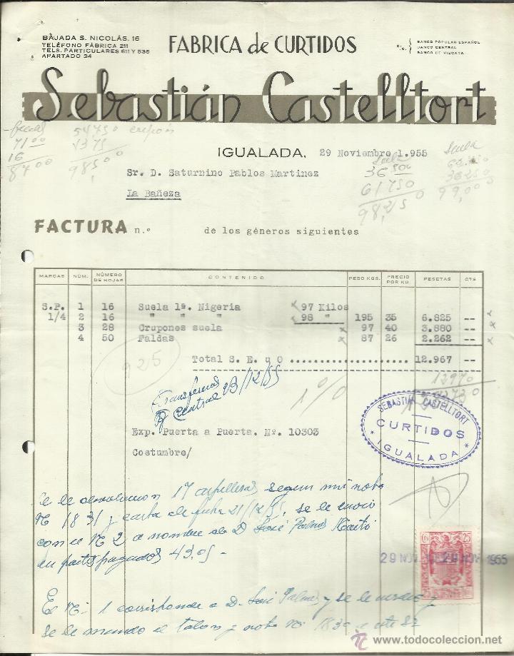 Facturas antiguas: FACTURA DE SEBASTI&Aacute;N CASTELLTORT. F&Aacute;BRICA DE CURTIDOS. IGUALADA. BARCELONA. 1955