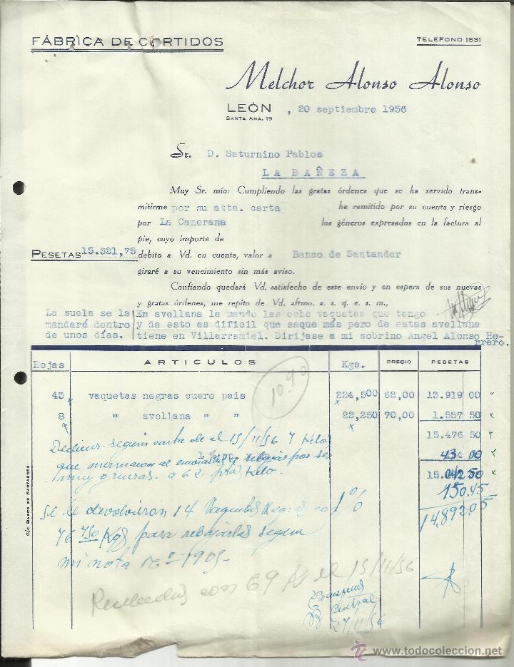 Facturas antiguas: FACTURA DE MELCHOR ALONSO ALONSO. F&Aacute;BRICA DE CURTIDOS. LE&Oacute;N. 1956