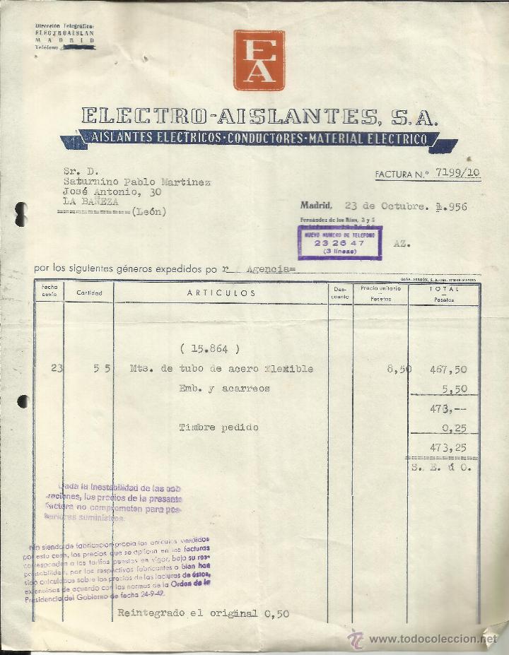 Facturas antiguas: FACTURA DE ELECTRO-AISLANTES S.A. MADRID. 1956