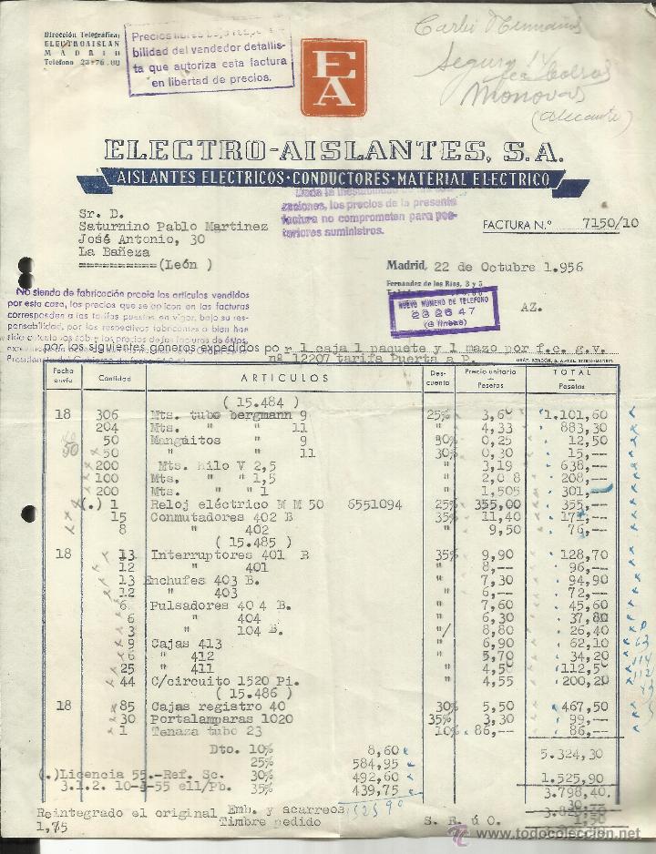 Facturas antiguas: FACTURA DE ELECTRO-AISLANTES S.A. MADRID. 1956