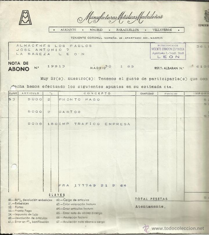 Facturas antiguas: FACTURA DE MANUFACTURAS MET&Aacute;LICAS MADRILE&Ntilde;AS. MADRID. 1965