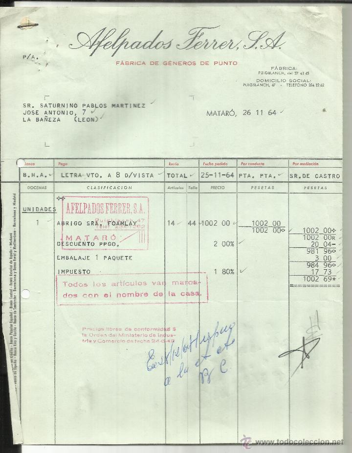 Facturas antiguas: FACTURA DE AFELPADOS FERRER, S.A. F&Aacute;BRICA DE G&Eacute;NEROS DE PUNTO. MATAR&Oacute;. BARCELONA. 1964