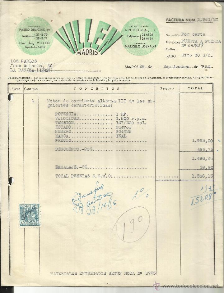 Facturas antiguas: FACTURA DE VILL&Eacute;N. MADRID. 1956