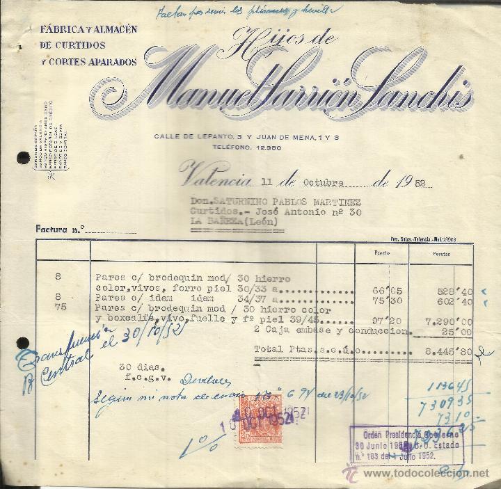 Facturas antiguas: FACTURA DE HIJOS DE MANUEL SARRI&Oacute;N SANCH&Iacute;S. CURTIDOS Y CORTES APARADOS. VALENCIA. 1952