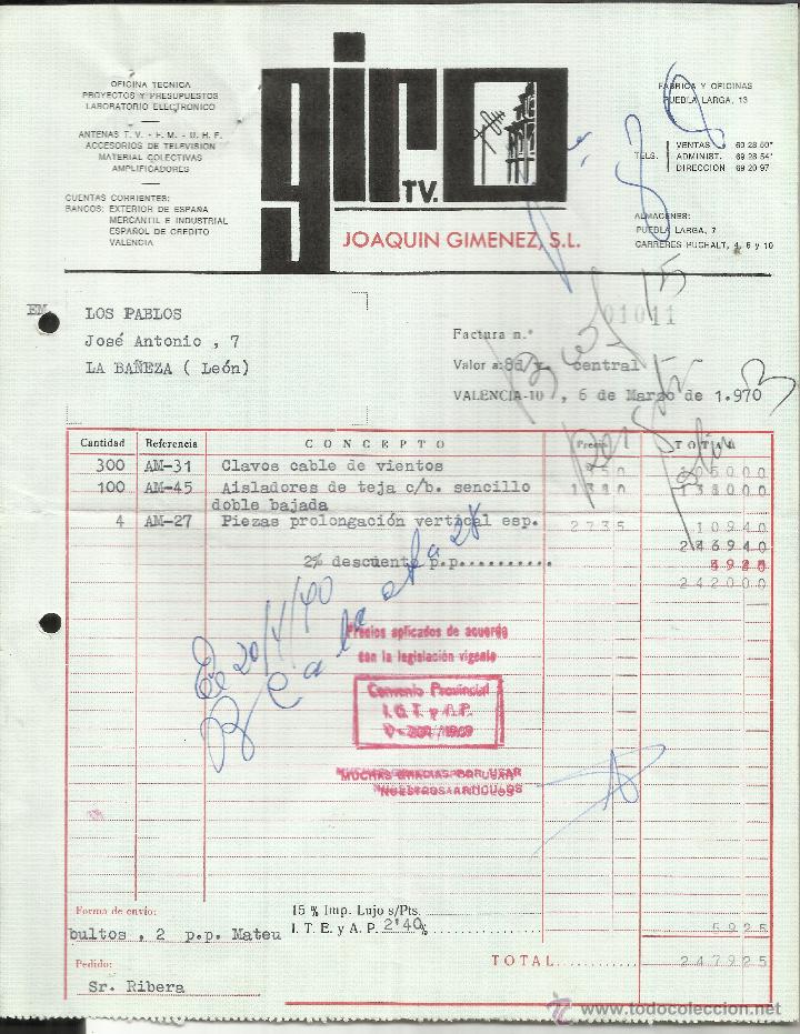 Facturas antiguas: FACTURA DE JOAQU&Iacute;N GIM&Eacute;NEZ, S.L. GIRO TV. VALENCIA. 1970
