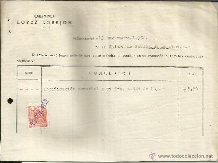 Facturas antiguas: FACTURA DE L&Oacute;PEZ LOBEJ&Oacute;N. CALZADOS. VILLARRAMIEL. PALENCIA. 1952