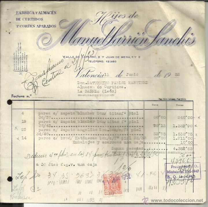 Facturas antiguas: FACTURA DE HIJOS DE MANUEL SARRI&Oacute;N SANCHIS. CURTIDOS Y CORTES APARADOS. VALENCIA. 1952